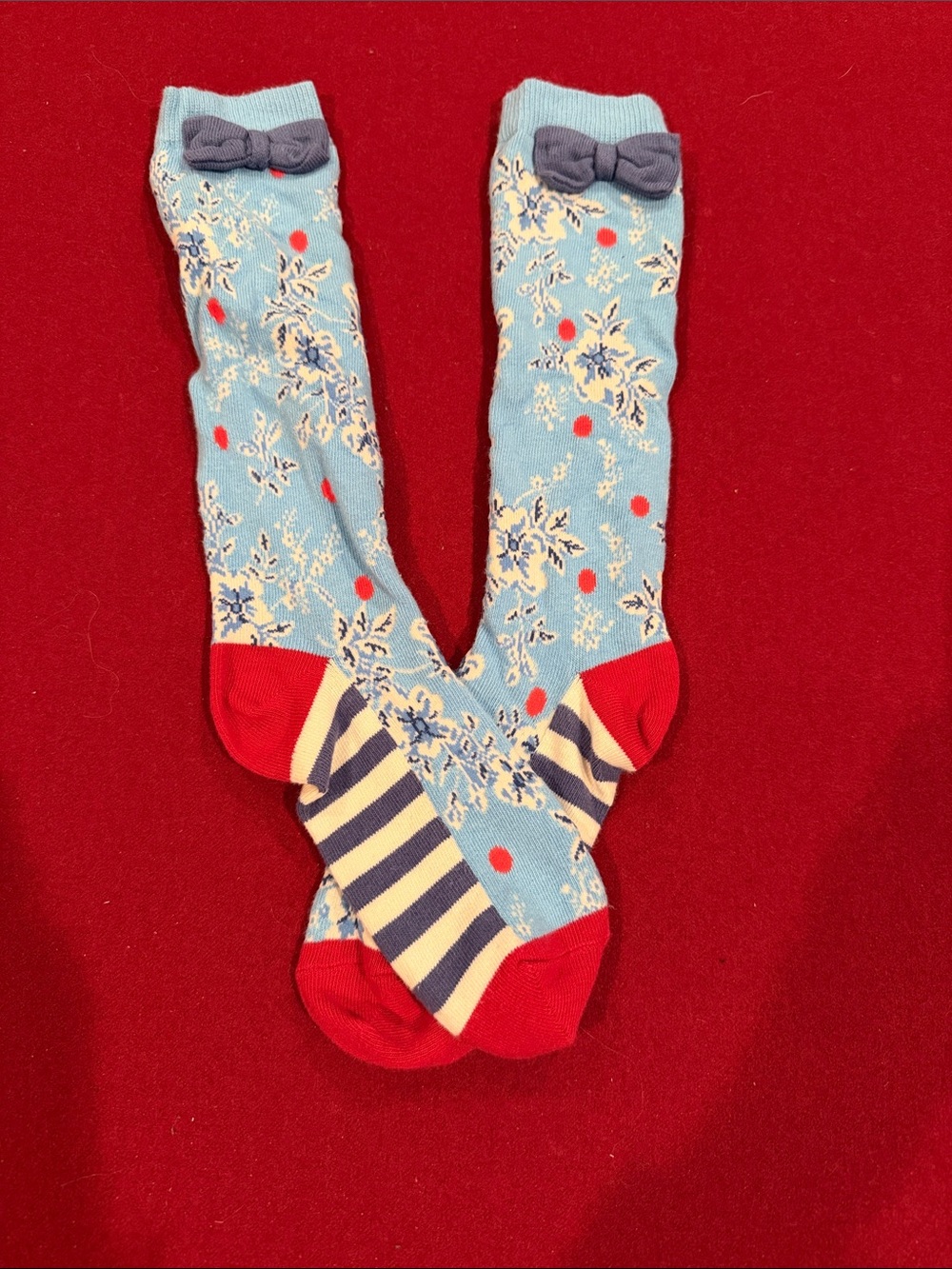 Matilda Jane Light Blue Floral Knee-High Socks with Red and Navy Accents